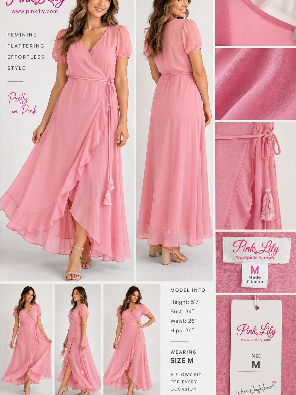 Pink Lily Women’s Medium Pink Ruffle Wrap Maxi Dress Tie Waist